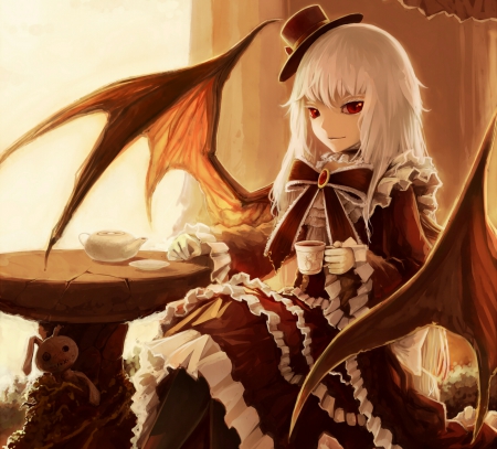 Bat Wings - anime, female, wing, dress, devil, gloomy, evil, long hair, scary, gloom, horror, ribbon, scare, creepy, gown, anime girl, creep, hot, girl, table, red eyes, sinister, wings, cute, sexy, cup