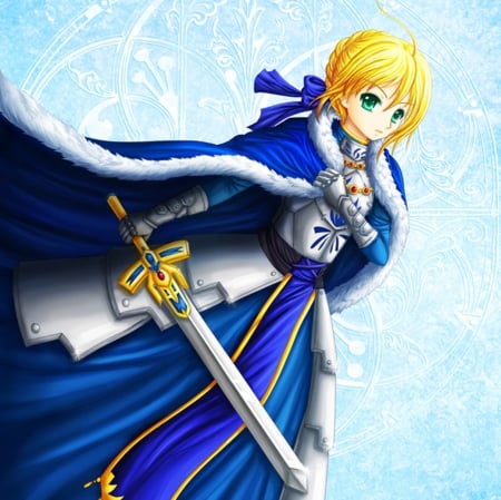 Saber - blonde, lue, blond, armor, weapon, fate stay night, anime, blue, knight, lovely, female, excalibur, sword, blond hair, cute, beautiful, hot, girl, abstract, anime girl, elegant, gorgeous, blonde hair, blade, pretty, green eyes, beauty, sweet, warrior, long hair, nice, sexy, saber