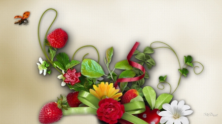 Strawberry Summer Season - strawberries, yellow, summer, ladybug, spring, leaves, flowers, daisies, red, string, lady bug