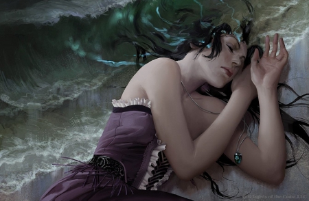 Sleeping on Waves - woman, sleeping, serene, girl, wallpaper, fantasy, waves, art, beautiful, digital, sea