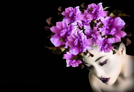 Purple Flower Beauty - woman, serene, girl, photography, wallpaper, fantasy, face, art, beautiful, flowers, digital