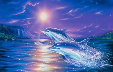 Freedom in the night ocean - moon, freedom, night, wallpaper, fantasy, art, abstract, oceab, blue, dolphins, sea, cute