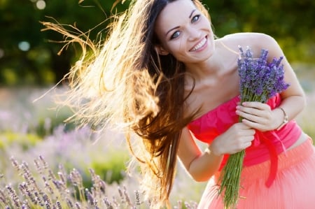 Happy Day â™¥ - beauty, woman, girl, photography, bouquet, field, nature, beautiful, mood, brunette, smile, happy, lavender