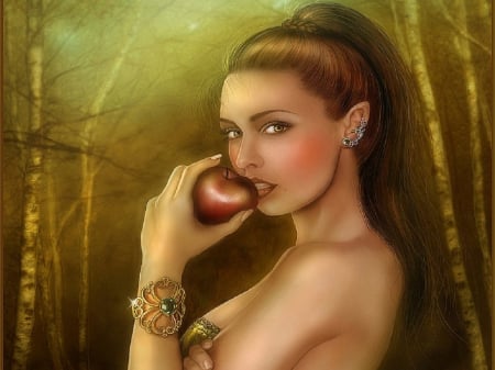 âœ«Woodland Fairyâœ« - women, girls, fantasy arts, trees, hair, jewels, fantasy, model, pretty, cool, digital art, paintings, apple, attractions in dreams, woodland fairy, lovely, love four seasons, weird things people wear, beautiful, colors, drawings