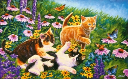 Carefree days - pretty, carefree, summer, grass, meadow, spring, joy, flowers, fluffy, kittens, garden, cats, field, nice, art, kitties, days, beautiful, lovely, freshness, playing, funny, painting