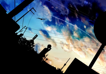 Beautiful sky - manga, anime, person, cg art, landscape, silhouette, city, sky