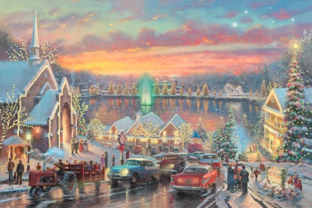 Painting - christmas, snow, city, painting