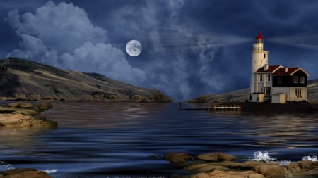 gorgeous lighthouse in the moonlight - clouds, moon, shore, lighthouse, light