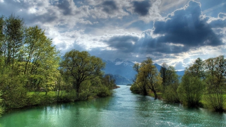 fantastic sunbeams on a beautiful river - clouds, river, trees, beams, sun