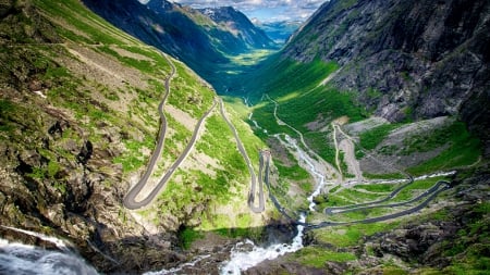 unbelievable mountain road in the valley - serpentine, road, stream, mountains, valley