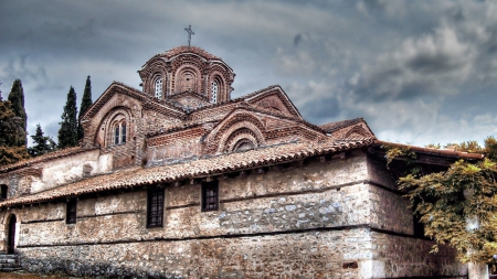 wonderful old brick and stone church hdr - stone, dome, church, bricks, clouds, hdr, old