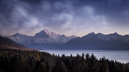 starry sky over beautiful landscape - clouds, lake, forest, mountains, stars, sky