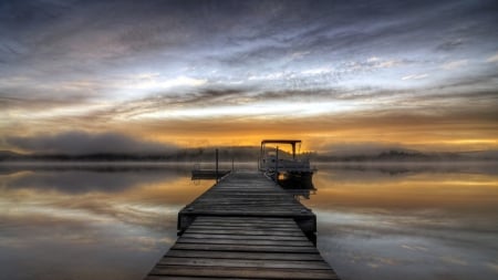 boat docks on a lake in morning - lake, dock, clouds, fog, sunrise, boat