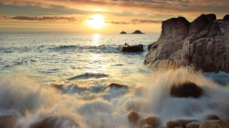 wonderful seashore - shore, sunset, sea, waves, rocks