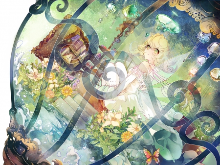 Fairy in a Cage - anime, faery, beautiful, girl, beauty, fairies, flowers, fantasy, cage, green, woman, fairy, cute