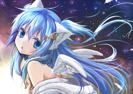 Neko Angel - star, anime, neko, blue, beautiful, girl, beauty, angel, night, stars, white, woman, cute