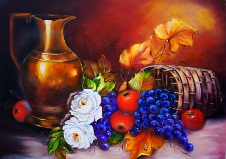 Still life - pretty, vase, grape, beautiful, lovely, still life, leaves, natural, flowers, basket, colorful, apples, painting, nice, fruits, art