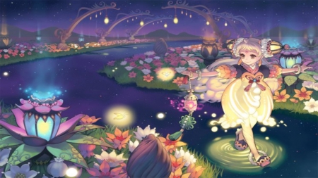 Fantasy - beauty, woman, lotto, dance, girl, night, water, laterns, beautiful, anime, flowers, colors, cute