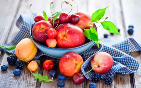 Fruits - pretty, cherries, beautiful, lovely, leaves, berries, colorful, apples, nature, nice, fruits