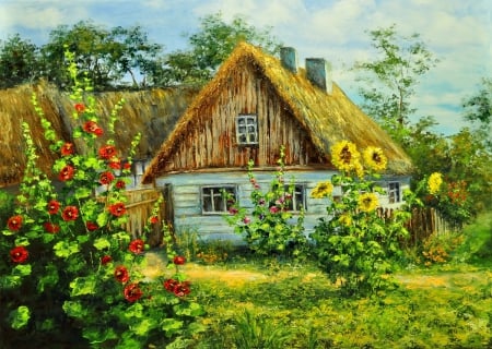 Rural house - pretty, quiet, sunflowers, grass, home, calmness, flowers, countryside, straw, nice, hut, art, house, trees, beautiful, beauty, lovely, rustic, village, nature, painting, serenity, rural