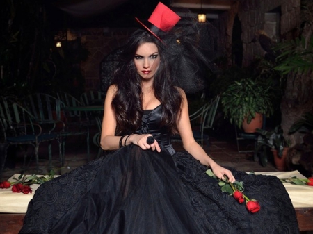 Red Hat - woman, black, red hat, dress