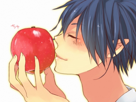 Smelling my Apple* Freash.. - male, elf, white background, blue hair, kawaii, semlling, anime, blush, short hair, apple, cute