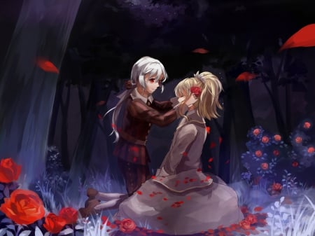 ♡ Couple ♡ - anime, female, dress, guy, forest, dark, boy, male, short hair, gown, anime girl, hot, girl, love, flower, petals, handsome, rose, cute, floral, lover, sexy, couple