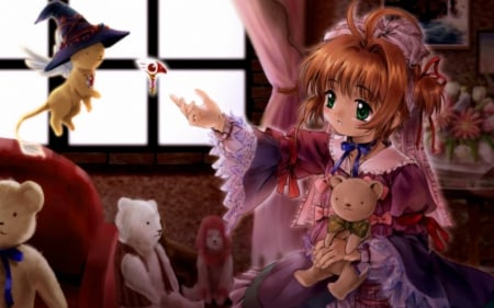 Sakura - green eys, cool, sakura, anime, blush, card captor sakura, sweet, teddy, dress