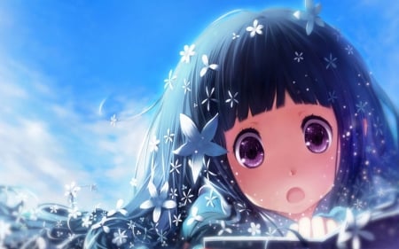 Chita~ Hyouka - flowers, chita, open mouth, blue hair, blush, Hyouka, long hair, pruple eyes