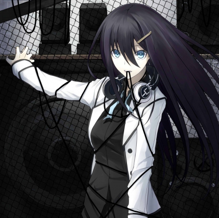 Black - anime, anime girl, female, hot, girl, fence, long hair, dark, black, headphones, black hair, cute, sexy, blue eyes