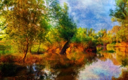 Painting - natura, river, photo, tree, trees, painting, autumn