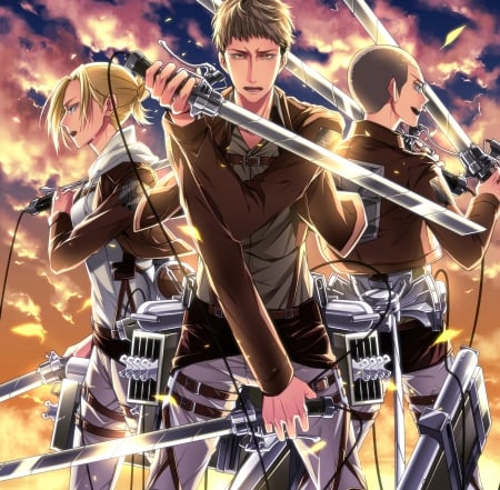 Shingeki no Kyojin - annie leonhardt, jean kirchstein, girl, female, anime male, warrior, shingeki no kyojin, conny springer, nlade, attack on titan, boy, anime, sword, team, group, guy