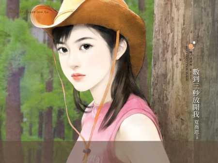 Anime girl~ - trees, hat, cow girl, shirt, lie, anime, black hair