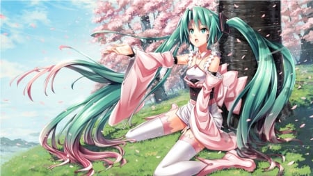 Hatsune Miku - nice, female, hot, twintail, anime girl, wind, windy, pretty, petals, anime, miku, twin tail, cute, hatsune miku, sexy, girl, twintails, long hair, lovely, vocaloids, green eyes, twin tails, vocaloid, sweet, breeze, green hair, dress