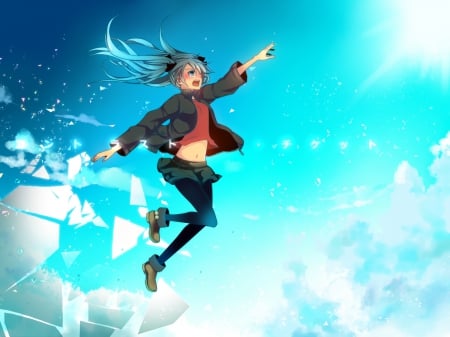 Hatsune Miku - hatsune miku, blue hair, sky, falling, reaching out, blue, crying