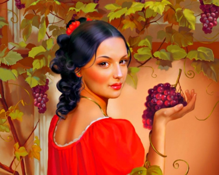 Grapes - woman, grapes, art, fantasy