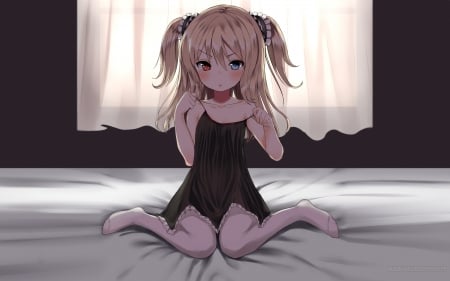 Hasegawa-Kobato - blush, cute, kawaii, window, dress, little girl, blue eye, blonde hair, mltiple eyes, red eye, hasegawa kobato, bed