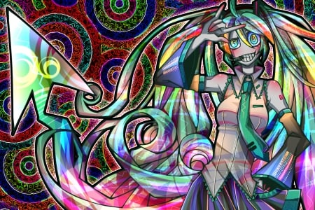 Crazy Hatsune Miku - creepy smile, hatsune miku, colorful, insane, pattern, crazy, green hair, arrow