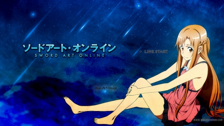 Asuna Yuuki - anime girl, dress, brown hair, SAO, long hair, stars, shooting stars, sweod art online, Asuna yuuki, sword art online, cute