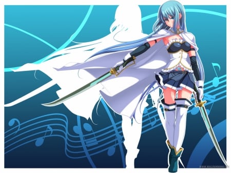 Miki-Sayaka - blue hair, warrior, blue background, miki sayaka, music, sword