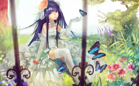 âButterfly~ Anime Girl â - nice, long hair, anime girl, lovely, siting, pruple hair, butterfly, kawaii, sitinf, anime, flowers, garden, cute, cag, dress