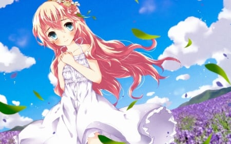 Megurine Luka - clouds, leafs, vocaloid, megurine luka, pink hair, summer, cute, dress