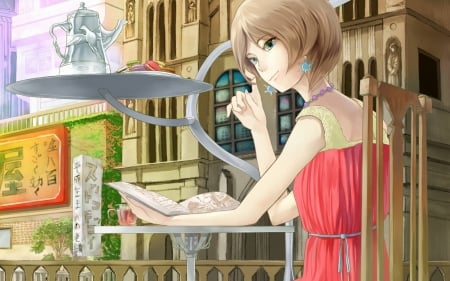 Anime Girl - earing, tea, anime girl, lovely, siting, brown hair, chair, art, cafe, short hair, chinese, dress