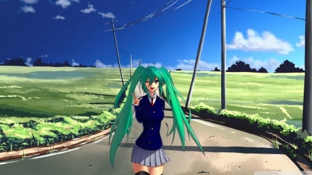 Hatsune Miku - hatsune miku, sky, beautiful, field, green hair