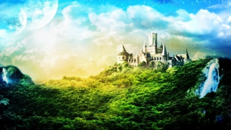 Fantasy Nature - moon, nature, sky, trees, clouds, castle, beautiful, fantasy