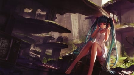 Hatsune Miku - hatsune miku, blue hair, tvs, headphones, bulidings, white dress