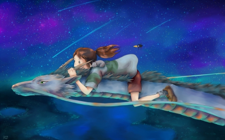 Spirited Away - flying, sky, girl, anime, dragon, spirited away, lights