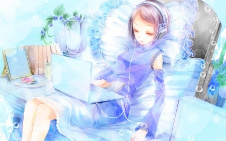 Art - pillow, laptop, headphones, blue, artowrk, anime girl, dress