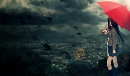 When your world falls apart - girl, rain, anime, city, darkness