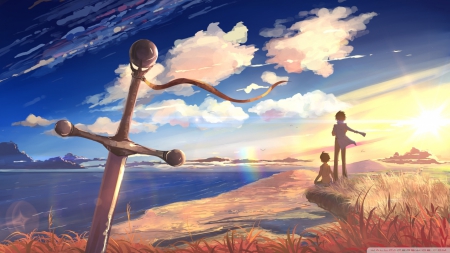 Sword Anime Scene - Water, Clouds, Boys, Windy, Sword, Sky